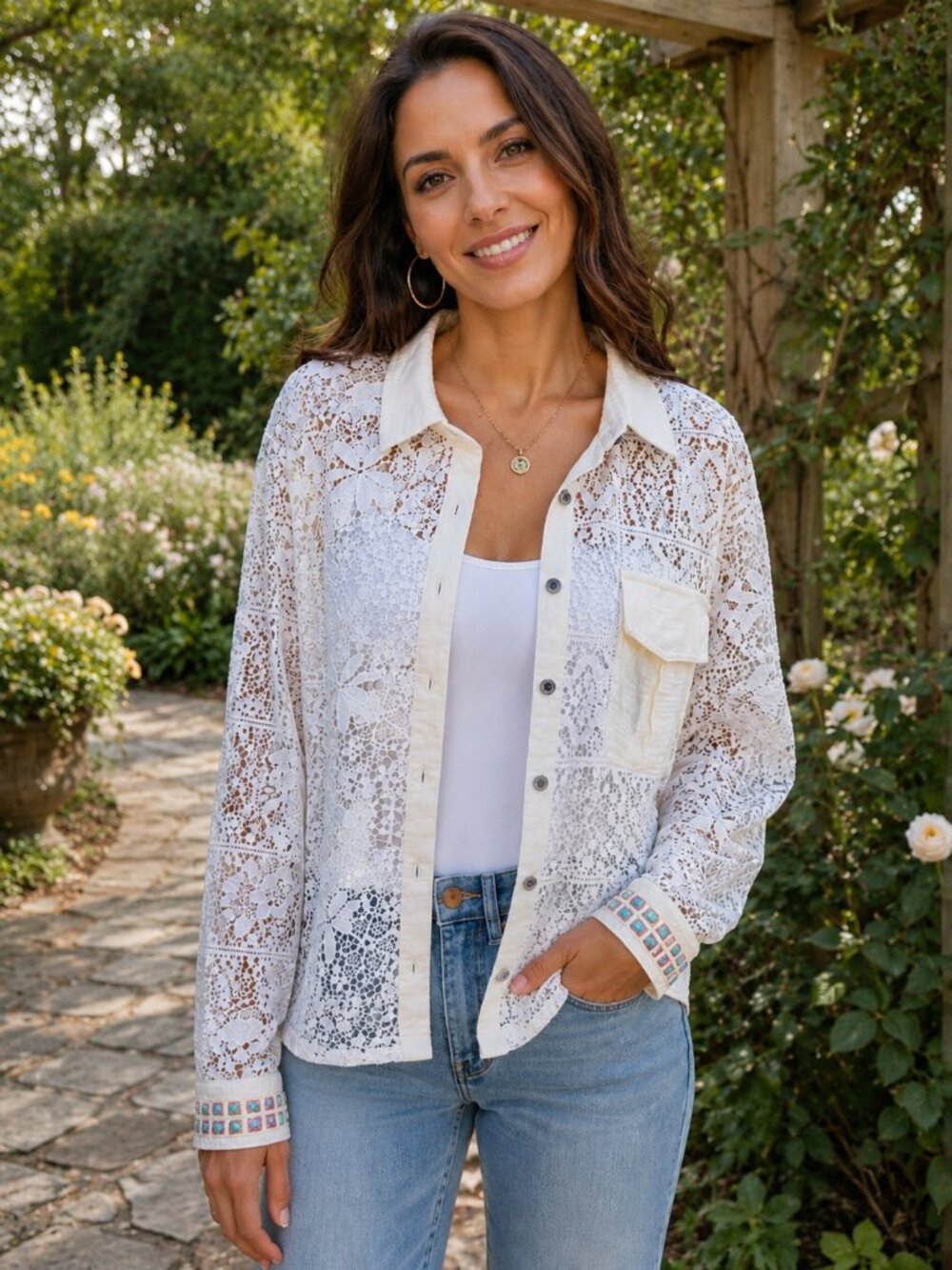 POL Long Slve Collared Button-Up Sheer Lace Blouse w/Decorative Cuffs M